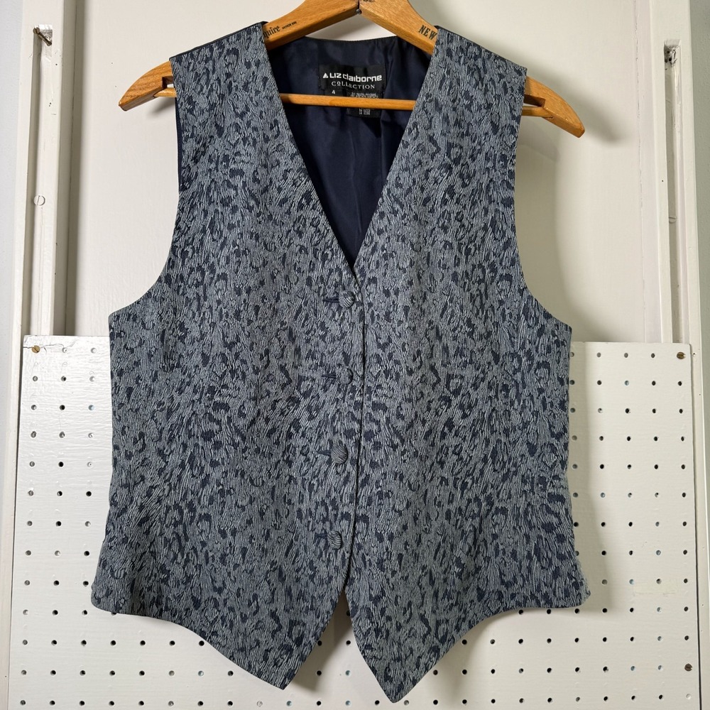 Liz Claiborne Waistcoat Womens 4 Blue Gray Abstract Print Chic VTG Vest Classic